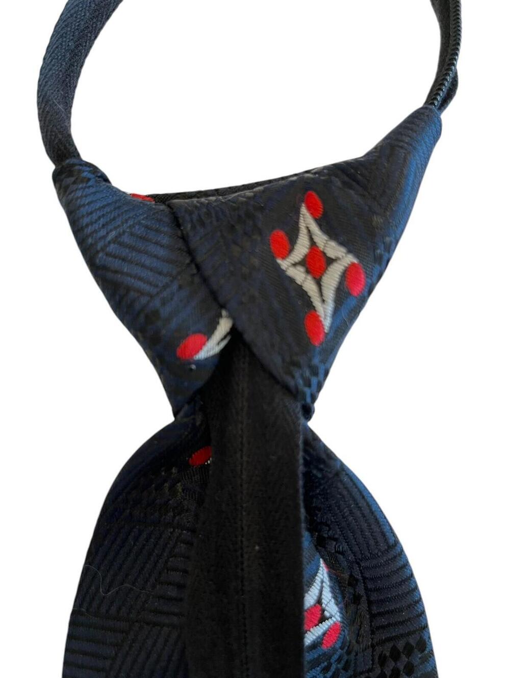 Necktie Navy Blue Zipper Tie Pre Tied Woven with white and red Pattern 1986.1
